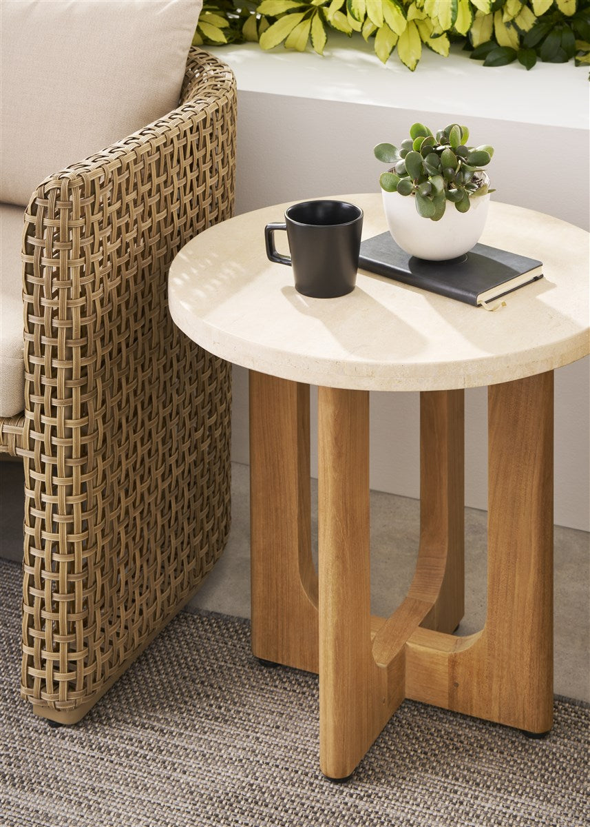 Bliss Outdoor End Table- Wood & Travertine