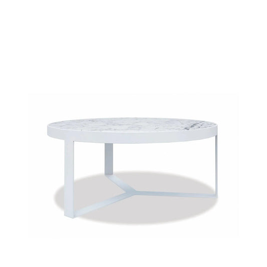 Contemporary 38 Round Coffee Table, Frost Finish with Carrara Marble Top